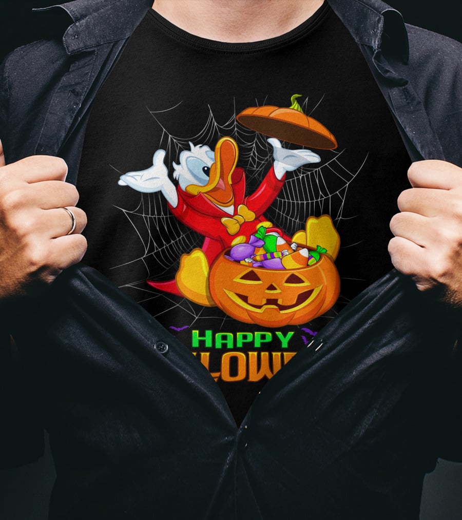 Happy Halloween Donald Duck In Pumpkin Suit With Candy And Spiderweb T-Shirt