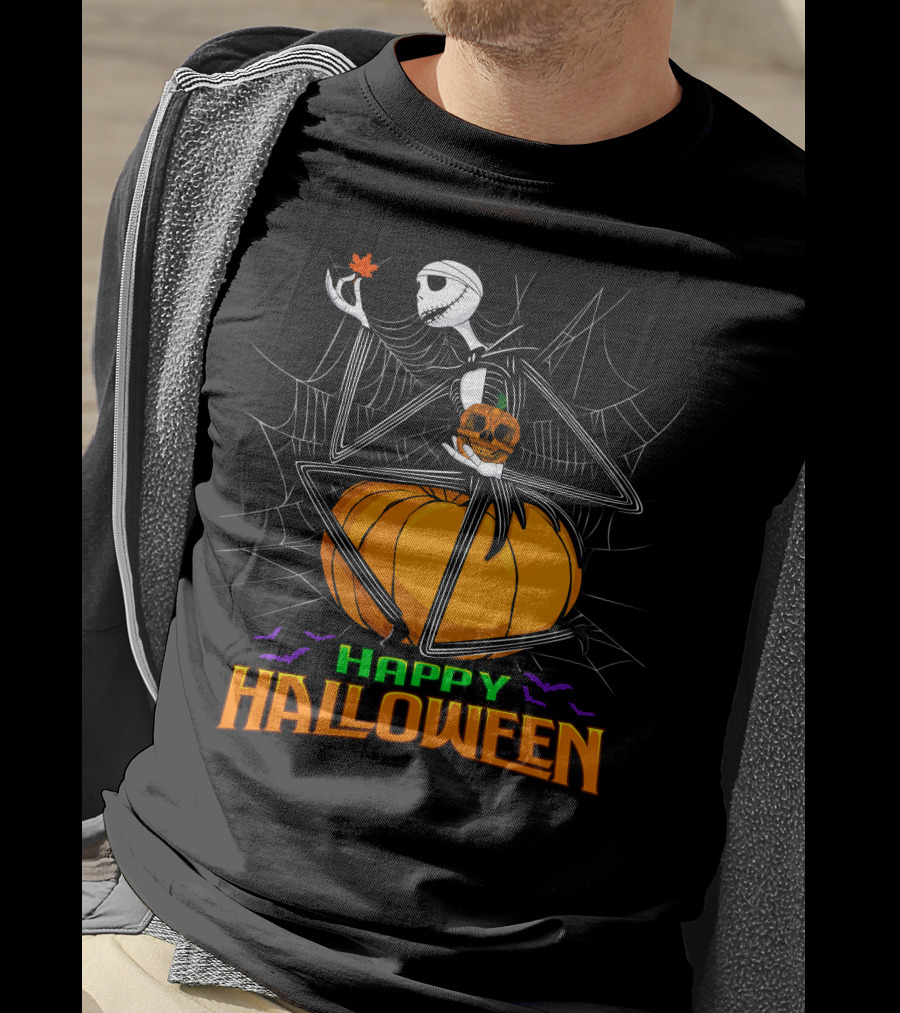 Happy Halloween Jack Skellington Pumpkin Bat Spiderweb T-Shirt