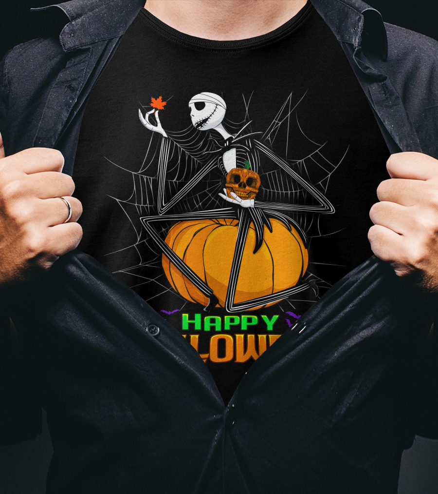 Happy Halloween Jack Skellington Pumpkin Bat Spiderweb T-Shirt