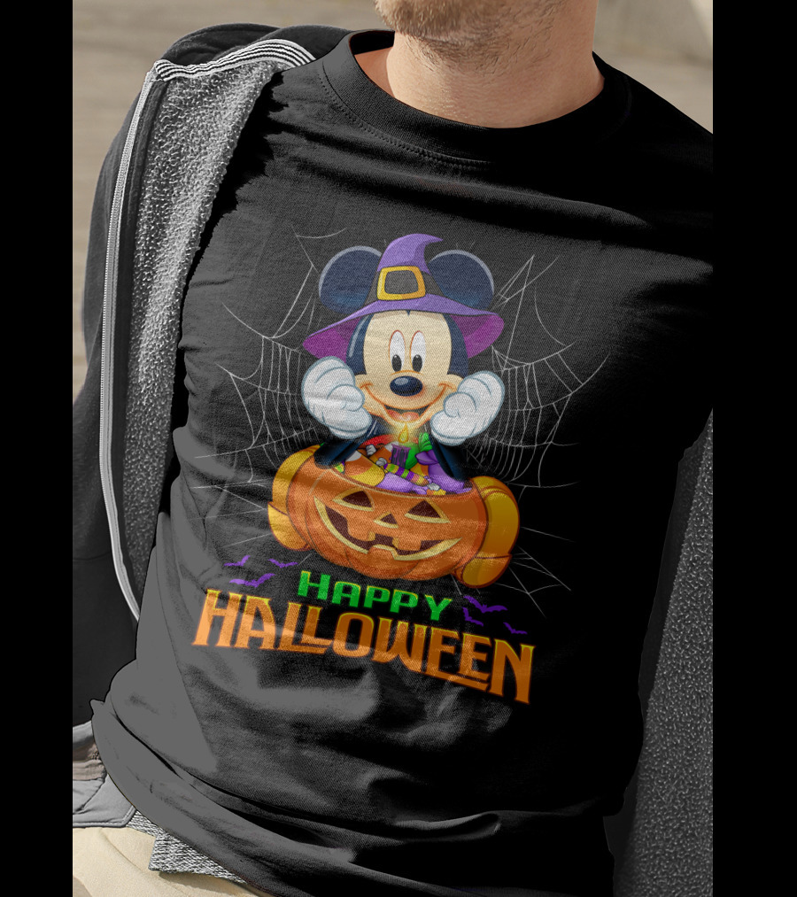 Mickey Happy Halloween Witch Hat Pumpkin Bat Spiderweb T-Shirt