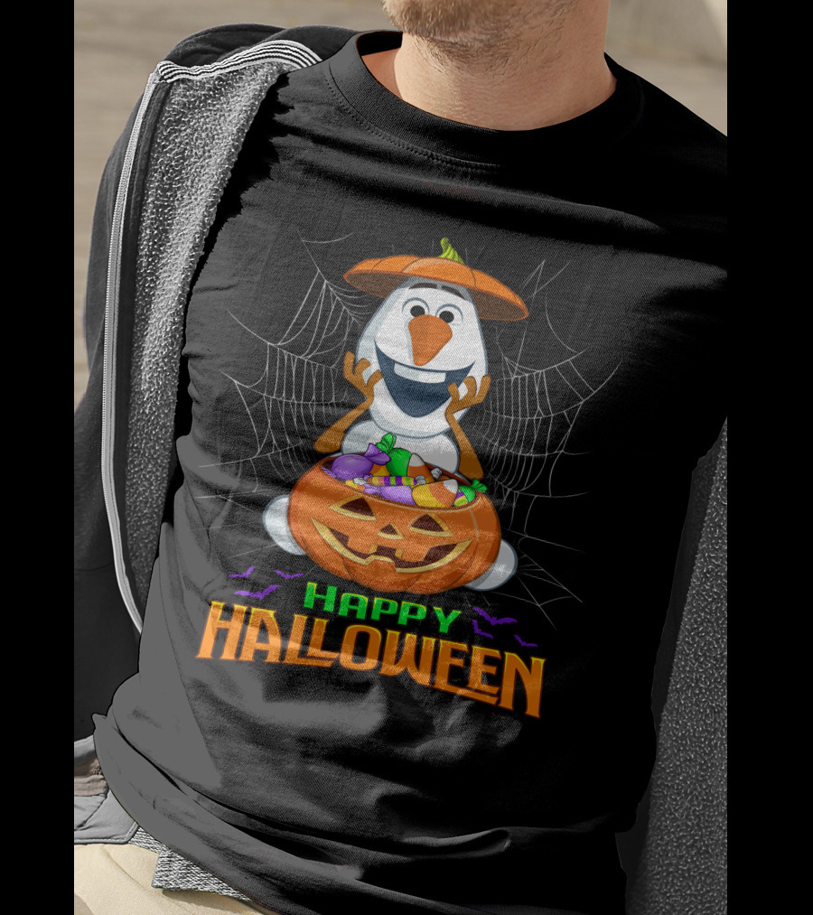 Olaf Happy Halloween With Pumpkin And Candy Basket T-Shirt