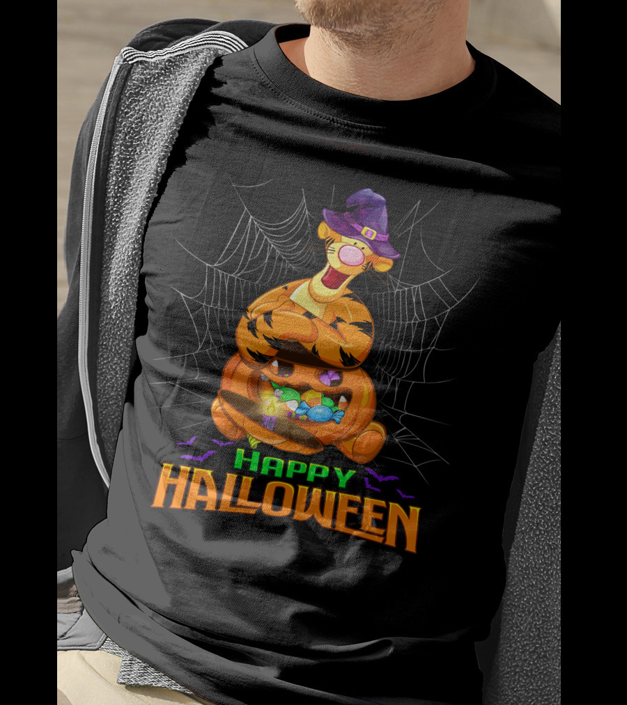 Happy Halloween Tigger Witch Pumpkin Candy Spiders T-Shirt