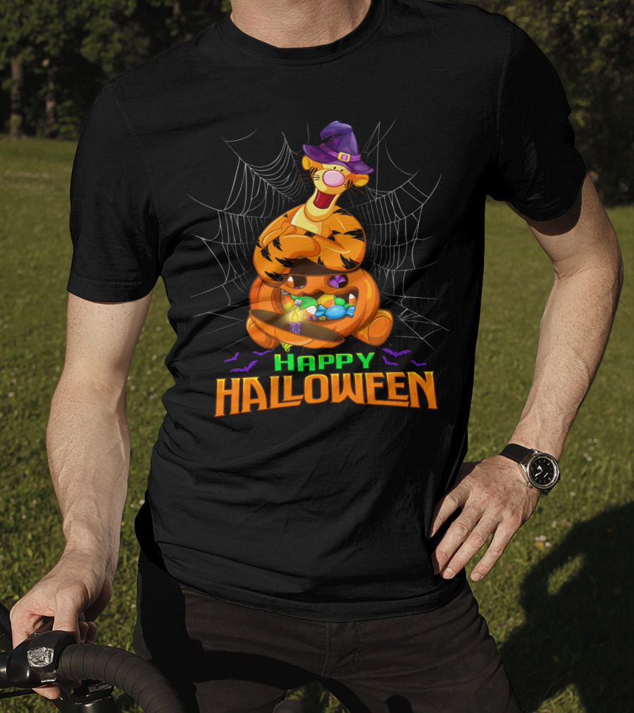 Happy Halloween Tigger Witch Pumpkin Candy Spiders T-Shirt