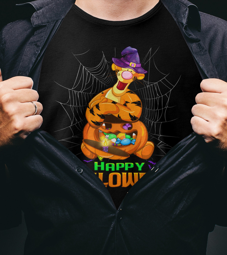 Happy Halloween Tigger Witch Pumpkin Candy Spiders T-Shirt