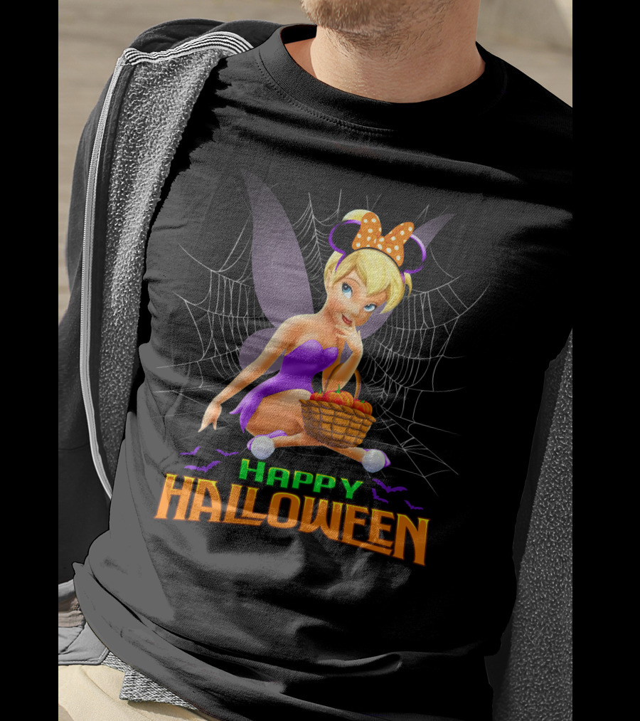 Tinker Bell Happy Halloween Pumpkin Basket With Bat Wings And Spiderweb T-Shirt
