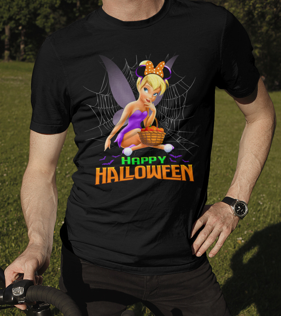 Tinker Bell Happy Halloween Pumpkin Basket With Bat Wings And Spiderweb T-Shirt