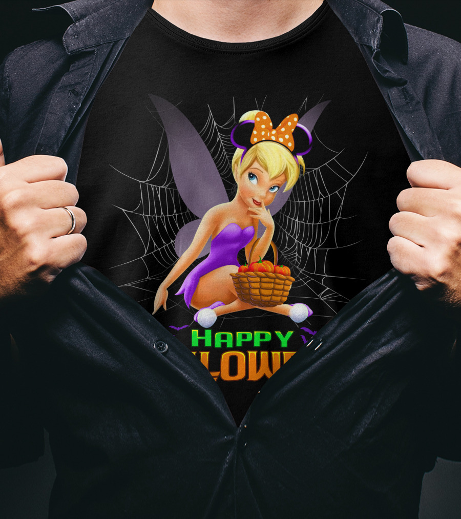 Tinker Bell Happy Halloween Pumpkin Basket With Bat Wings And Spiderweb T-Shirt
