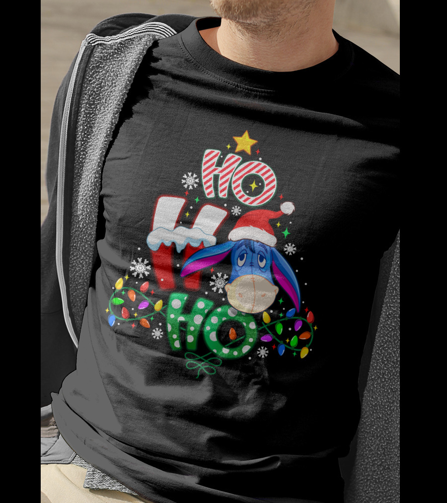 Ho Ho Ho Eeyore Christmas Lights Santa Hat Snowflakes T-Shirt