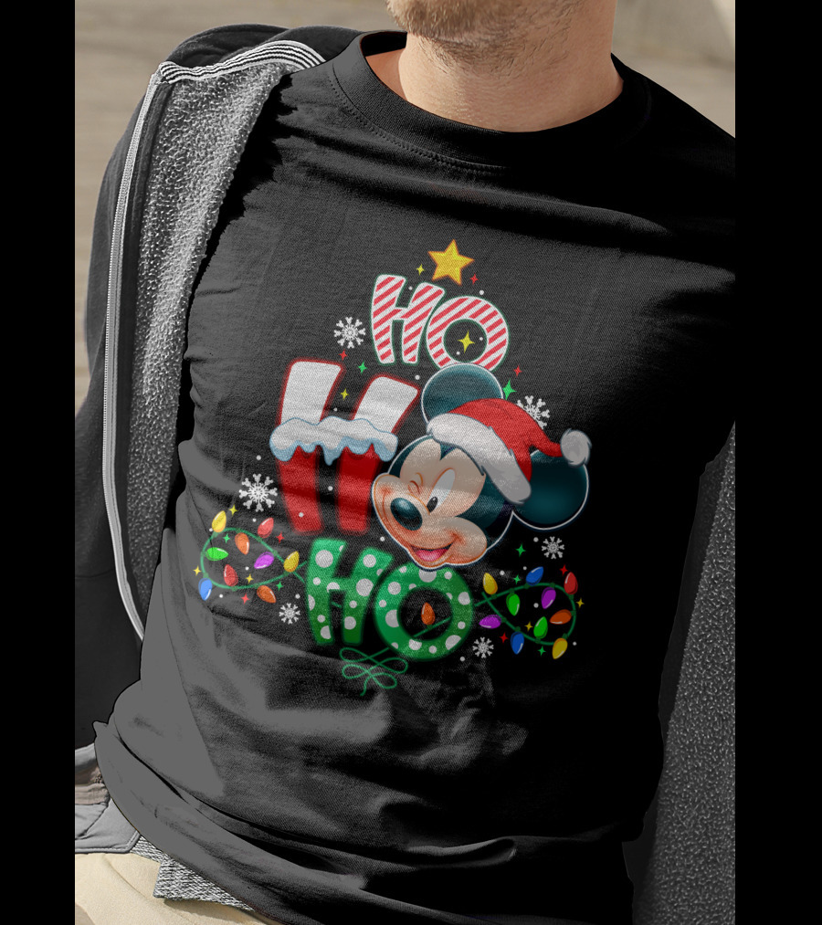 Mickey Ho Ho Ho Christmas Lights Snowflakes Santa Hat T-Shirt