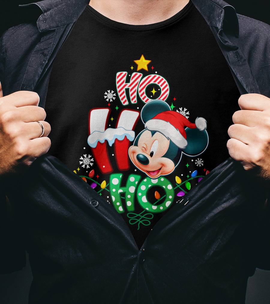 Mickey Ho Ho Ho Christmas Lights Snowflakes Santa Hat T-Shirt