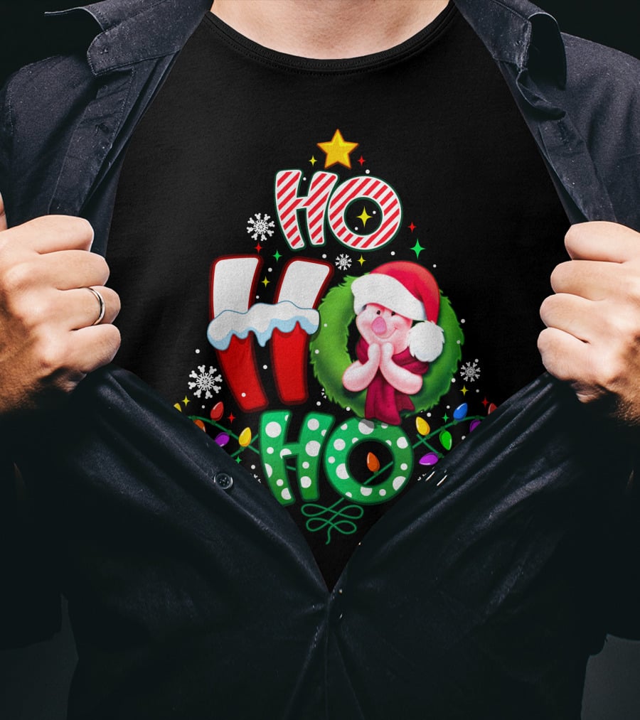 Ho Ho Ho Piglet Christmas Lights Snowflakes Santa Hat T-Shirt
