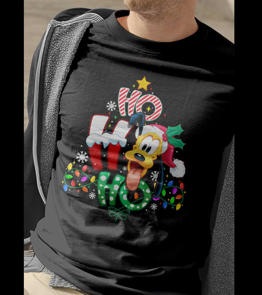 Ho Ho Ho Christmas Pluto Dog Lights Santa Hat T-Shirt
