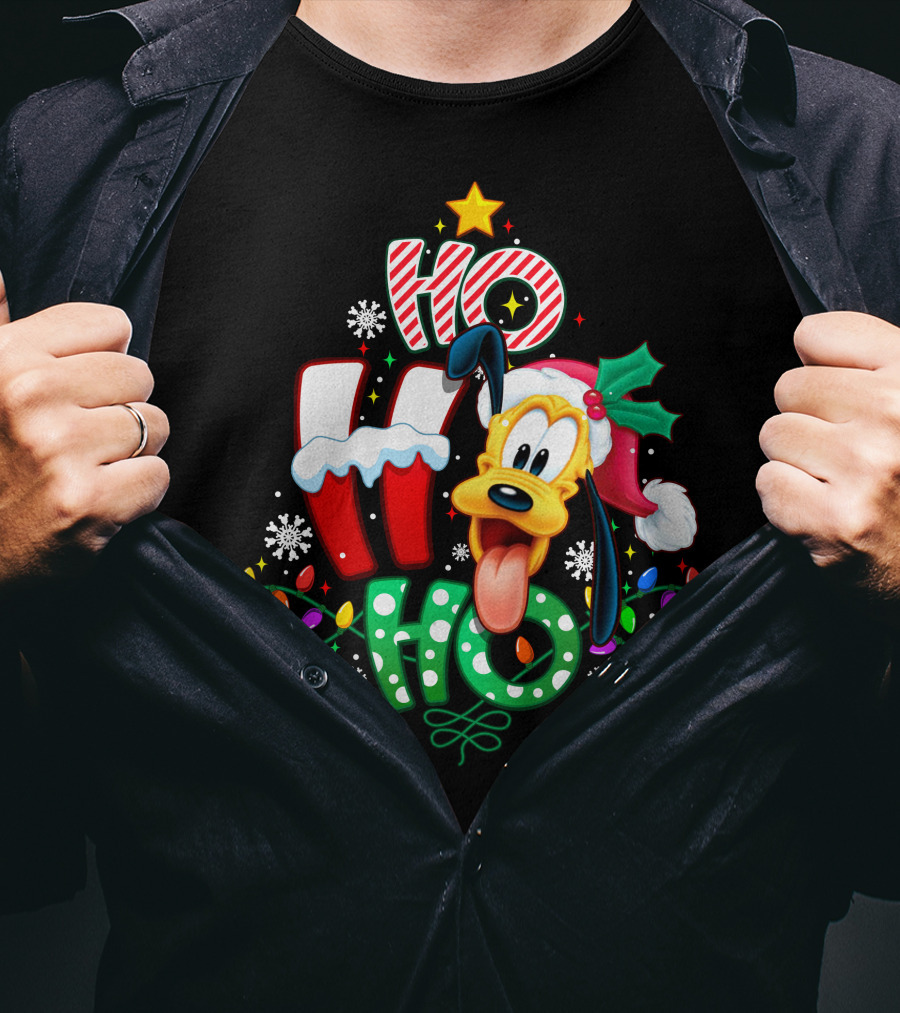 Ho Ho Ho Christmas Pluto Dog Lights Santa Hat T-Shirt