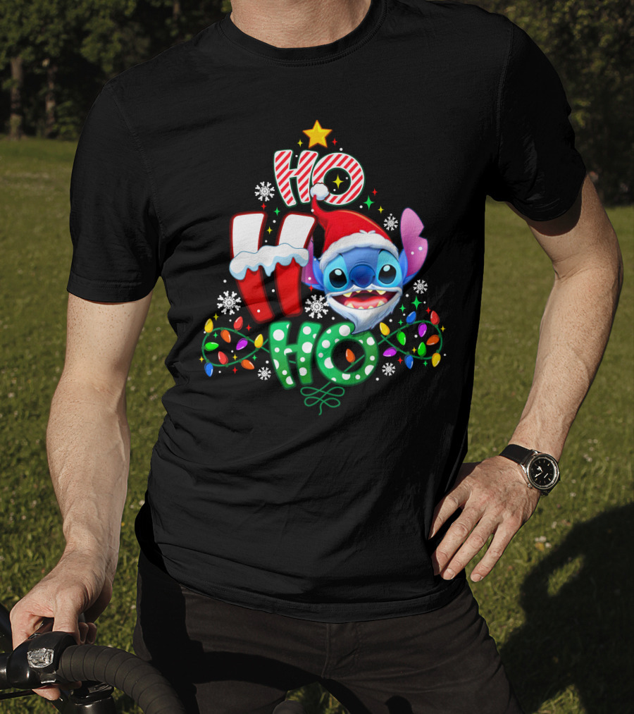 Ho Ho Ho Stitch Christmas Lights Santa Hat T-Shirt