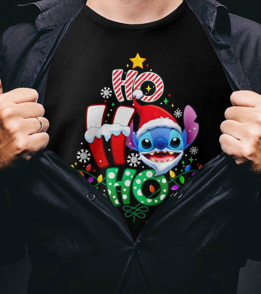 Ho Ho Ho Stitch Christmas Lights Santa Hat T-Shirt