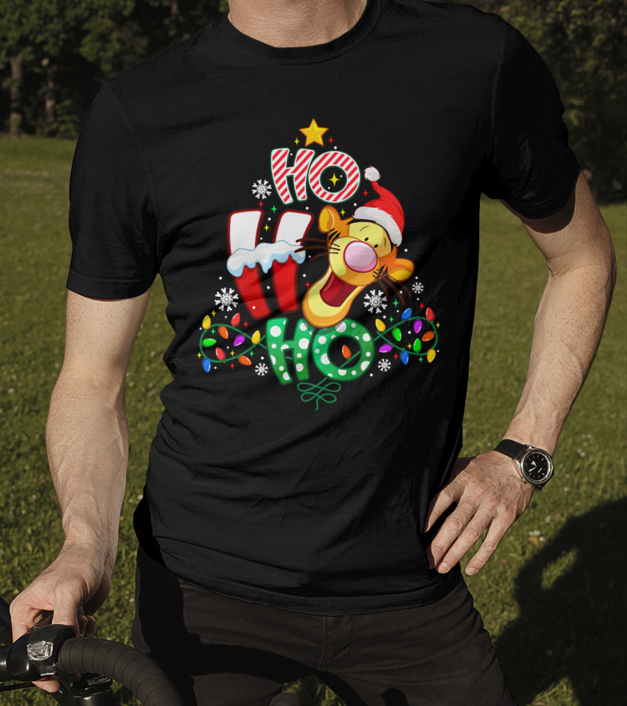 Tigger Christmas Ho Ho Ho Santa Hat Lights Snowflakes T-Shirt