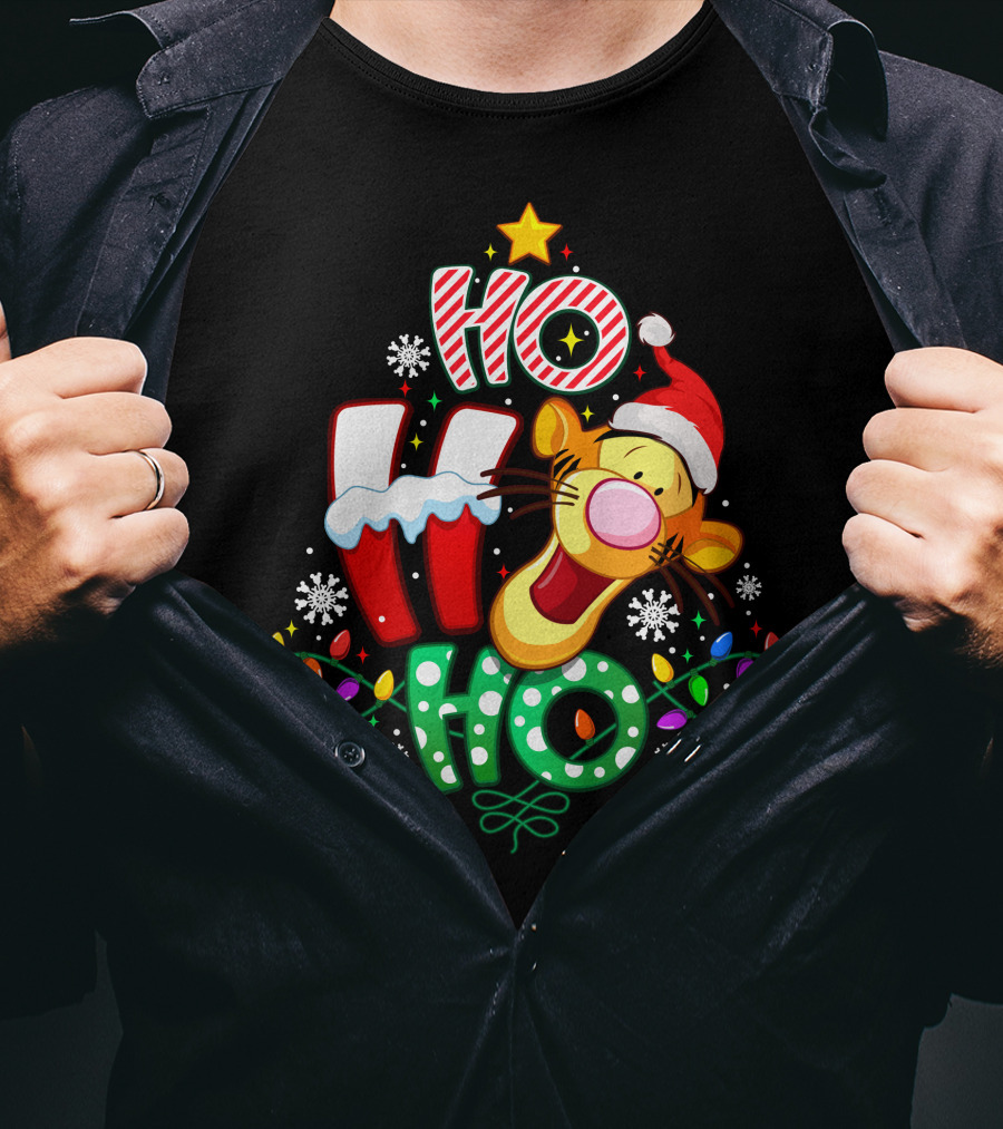 Tigger Christmas Ho Ho Ho Santa Hat Lights Snowflakes T-Shirt
