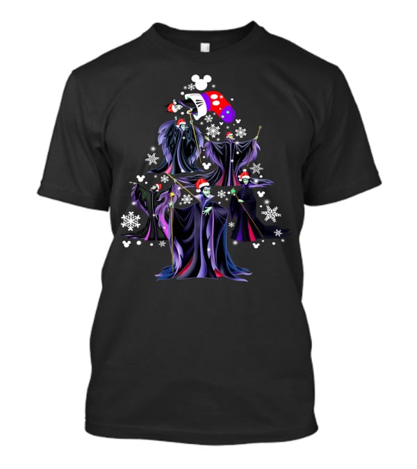 Maleficent Christmas Tree With Santa Hat And Mickey Mouse Snowflakes T-Shirt