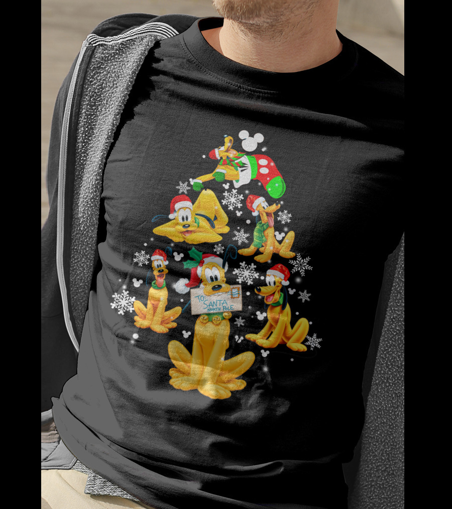 Pluto Christmas Tree Design With Santa Hat And Snowflakes T-Shirt