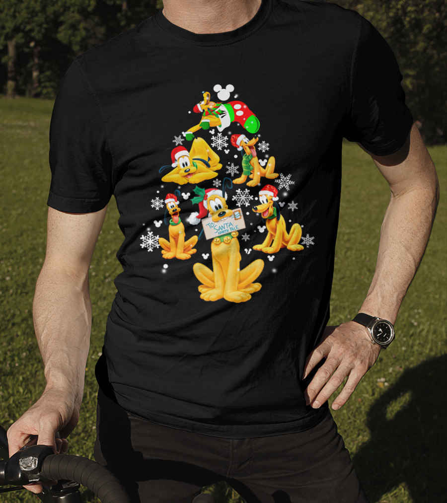 Pluto Christmas Tree Design With Santa Hat And Snowflakes T-Shirt