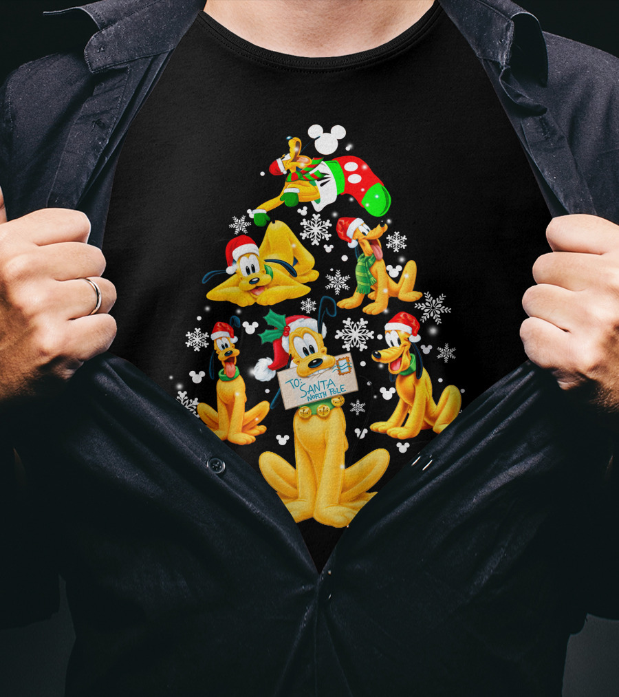 Pluto Christmas Tree Design With Santa Hat And Snowflakes T-Shirt
