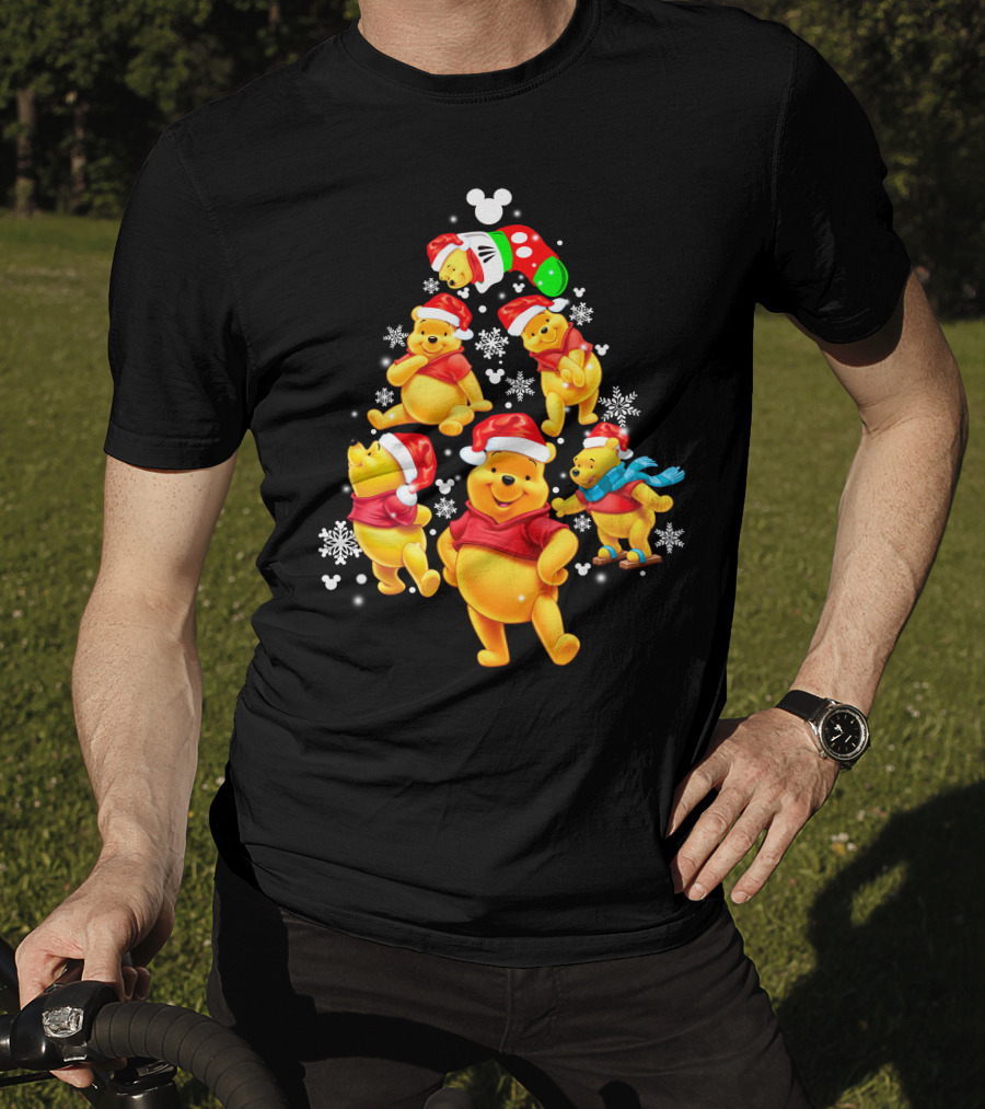 Disney Winnie The Pooh Christmas Santa Hat Festive Holiday Snowflakes T-Shirt