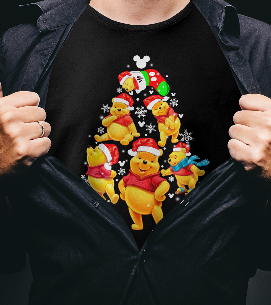Disney Winnie The Pooh Christmas Santa Hat Festive Holiday Snowflakes T-Shirt