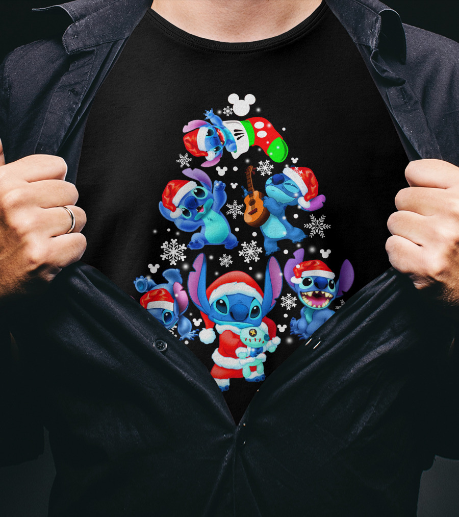 Stitch Christmas Tree With Snowflakes And Santa Hat Holiday T-Shirt