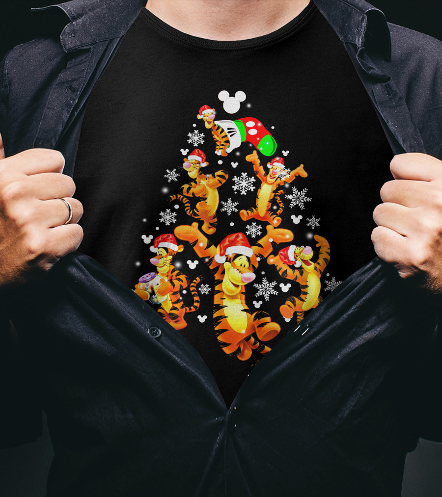 Tigger Christmas Santa Hat Snowflakes Mickey Ears T-Shirt