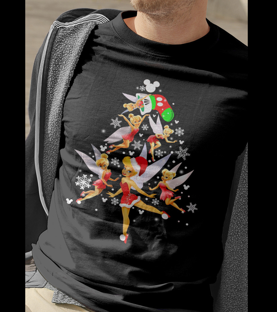 Tinker Bell Christmas Tree With Mickey Santa Hat And Snowflakes T-Shirt