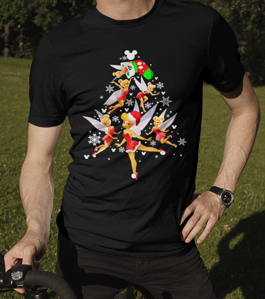 Tinker Bell Christmas Tree With Mickey Santa Hat And Snowflakes T-Shirt