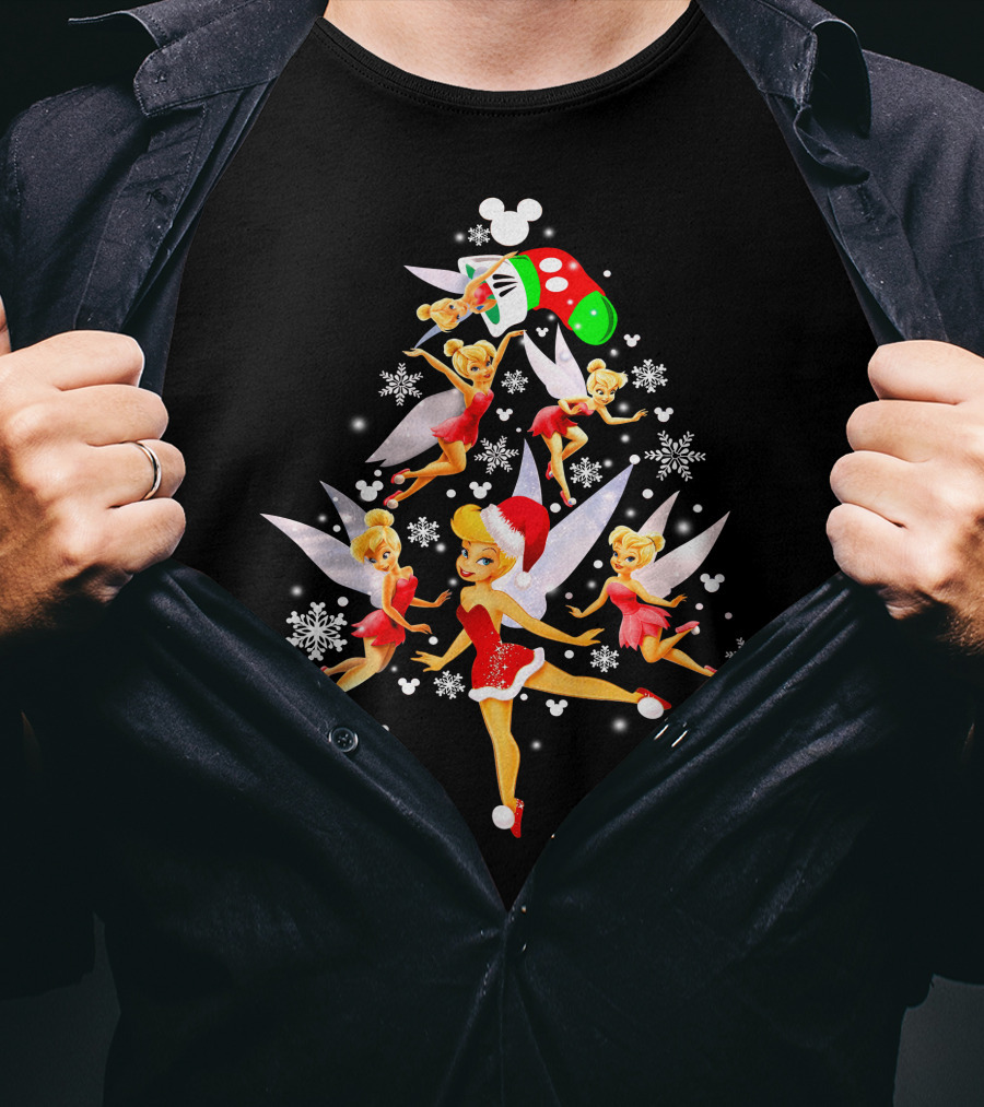 Tinker Bell Christmas Tree With Mickey Santa Hat And Snowflakes T-Shirt