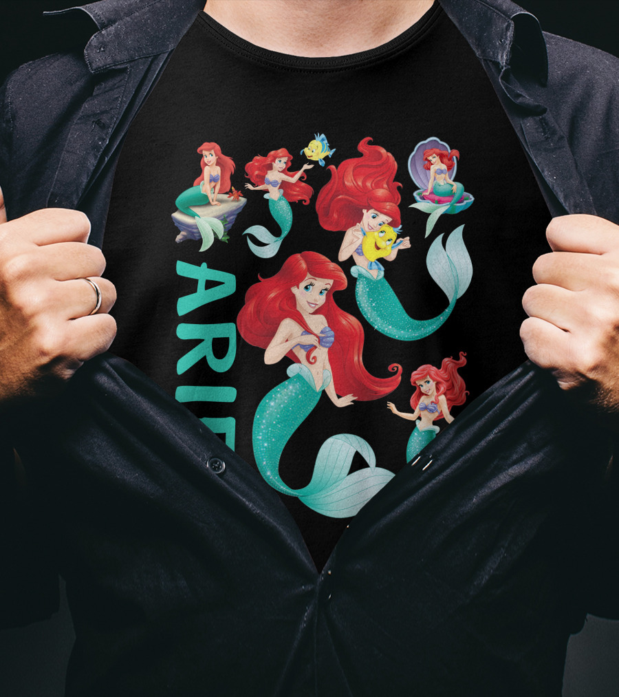 Ariel Little Mermaid With Flounder And Seashell Poses T-Shirt