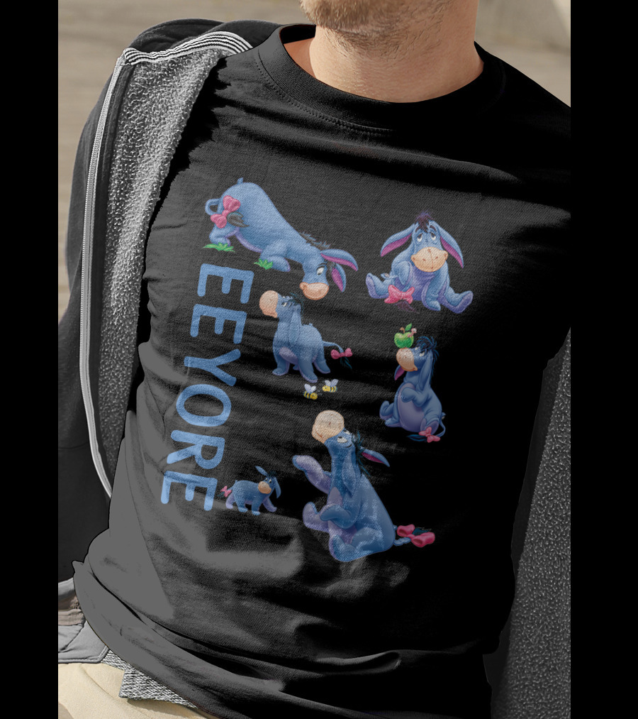 Eeyore Character Illustrations With Text On Black T-Shirt