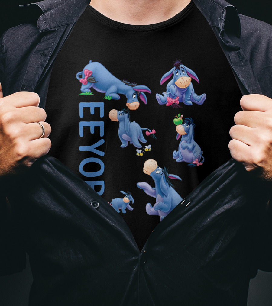 Eeyore Character Illustrations With Text On Black T-Shirt