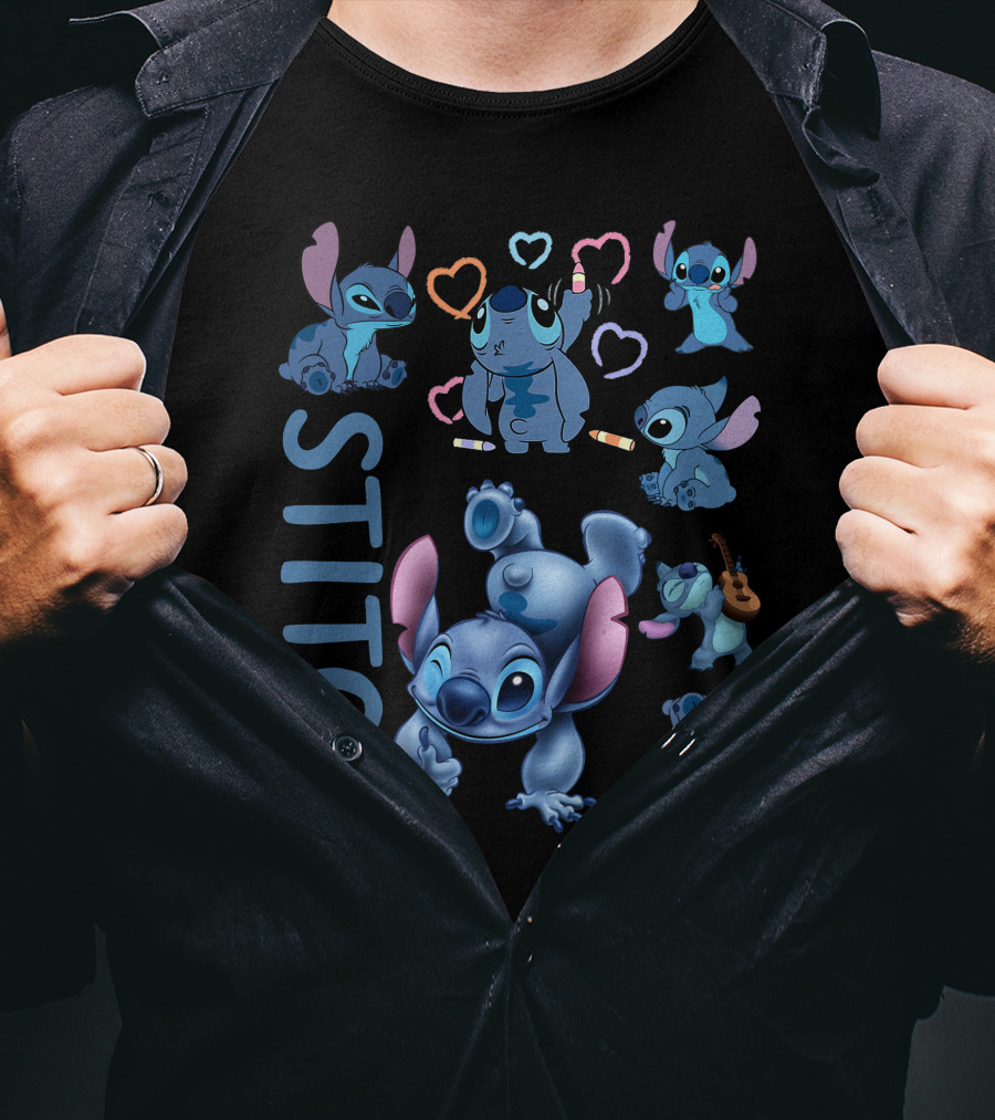 Stitch Cute Blue Alien Playing Guitar And Drawing Hearts T-Shirt