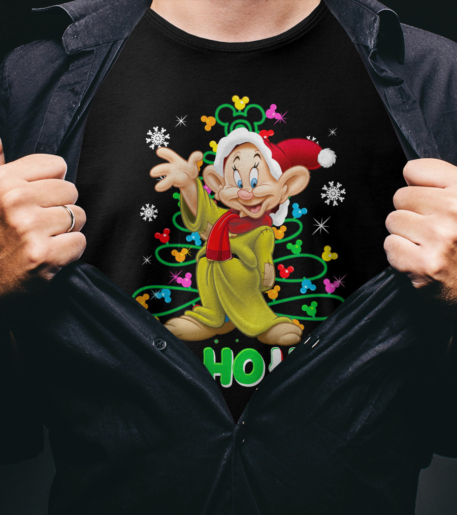 Dopey Ho Ho Ho Christmas Snowflakes Green Yellow Red Santa Hat Disney T-Shirt