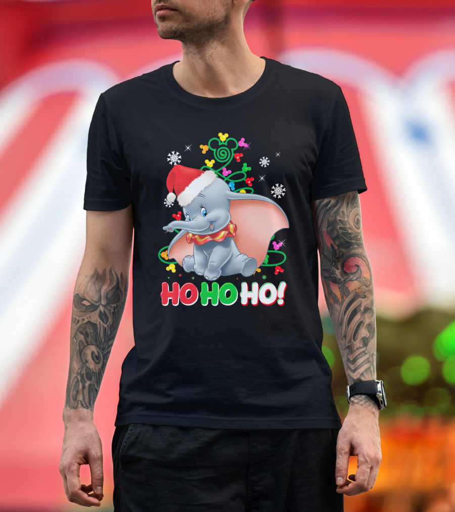 Dumbo Christmas Ho Ho Ho Santa Hat Mickey Mouse Ears Snowflakes T-Shirt