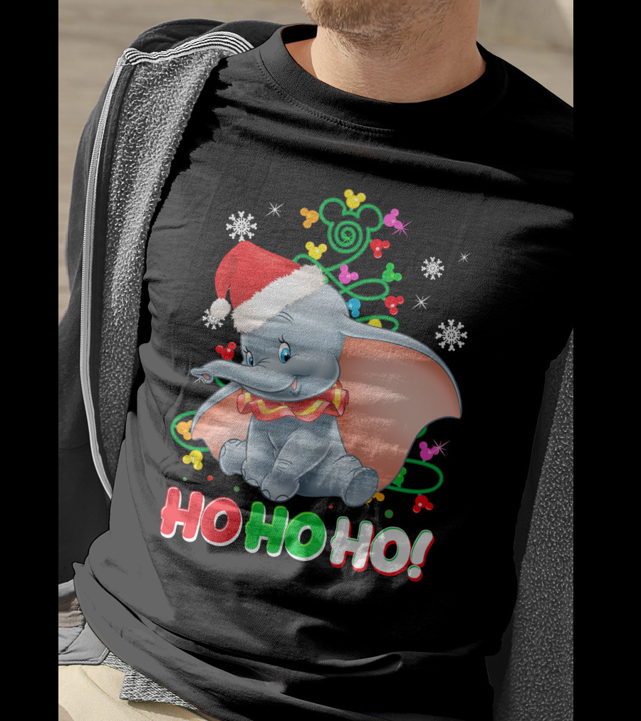 Dumbo Christmas Ho Ho Ho Santa Hat Mickey Mouse Ears Snowflakes T-Shirt