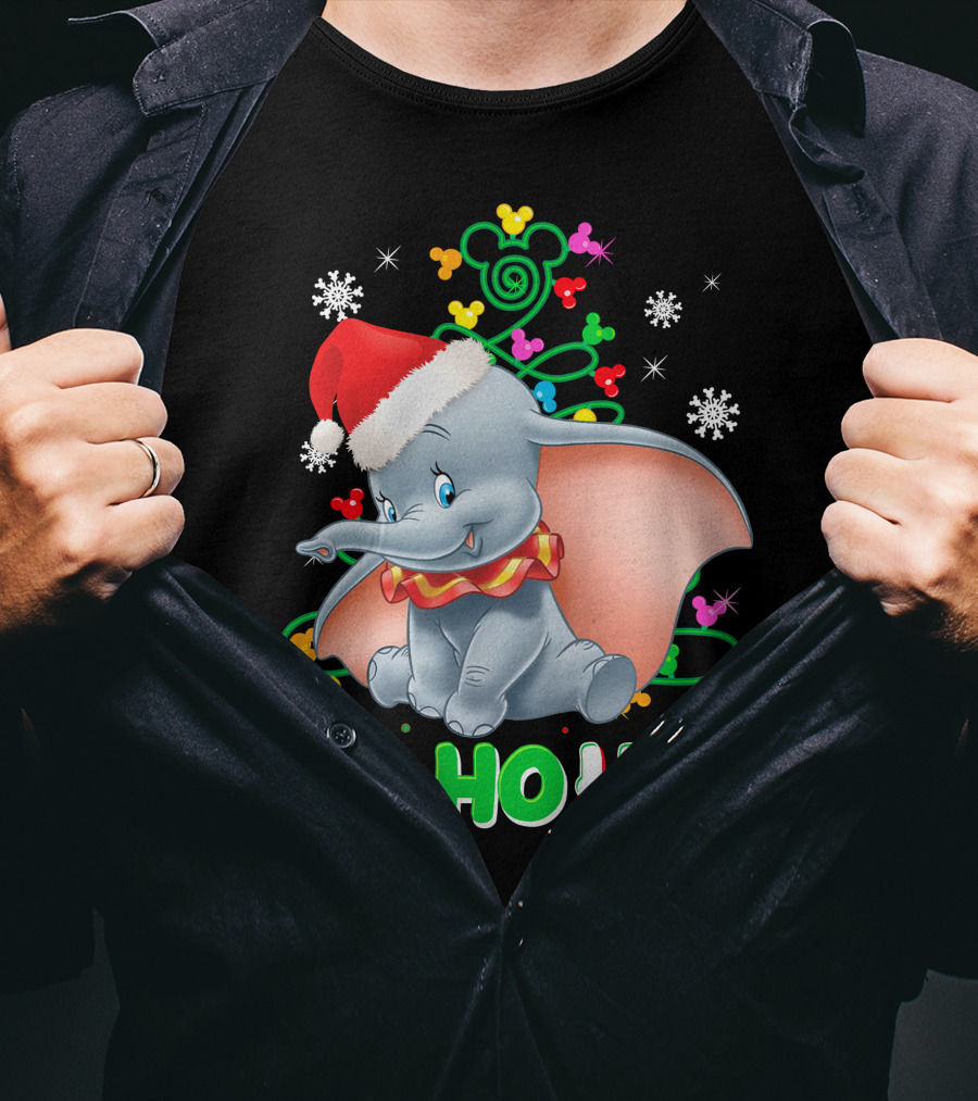 Dumbo Christmas Ho Ho Ho Santa Hat Mickey Mouse Ears Snowflakes T-Shirt