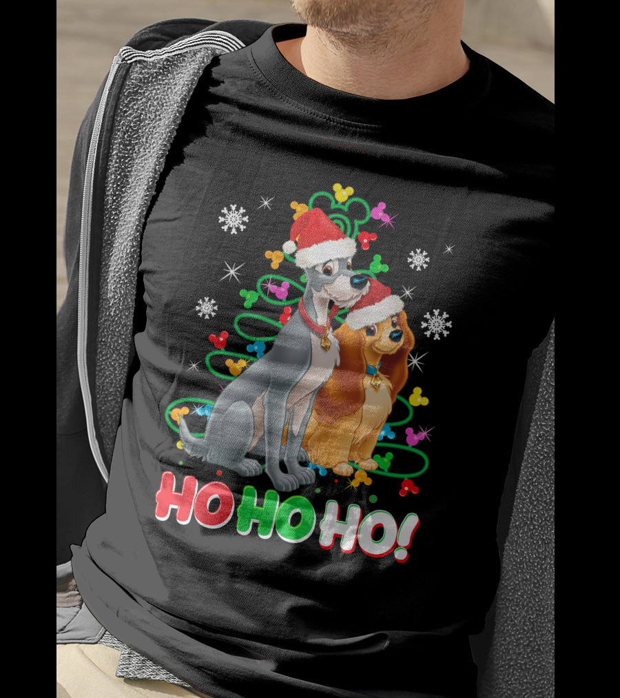 Lady And The Tramp Ho Ho Ho Christmas Santa Hats Snowflakes T-Shirt