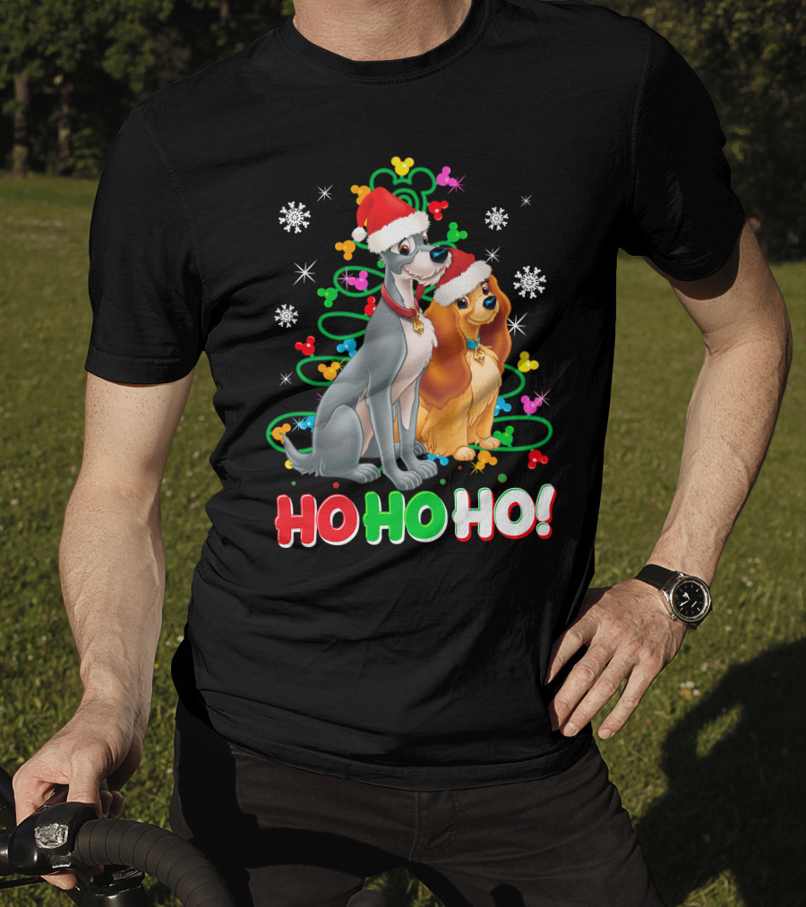 Lady And The Tramp Ho Ho Ho Christmas Santa Hats Snowflakes T-Shirt