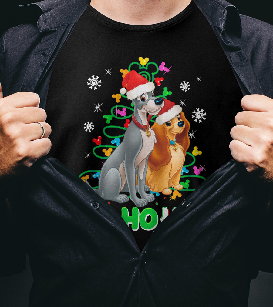 Lady And The Tramp Ho Ho Ho Christmas Santa Hats Snowflakes T-Shirt