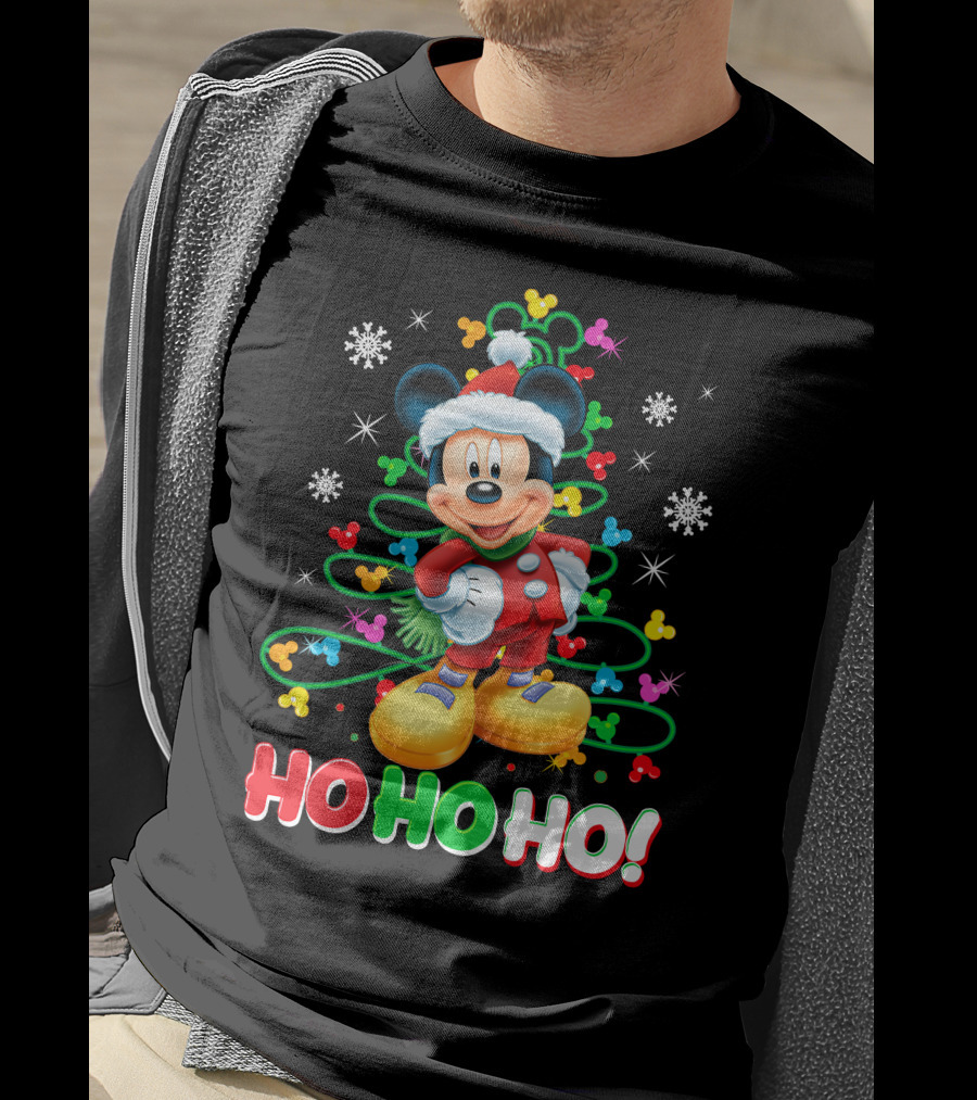 Mickey Mouse Christmas Ho Ho Ho Santa Outfit Snowflakes And Colorful Lights T-Shirt