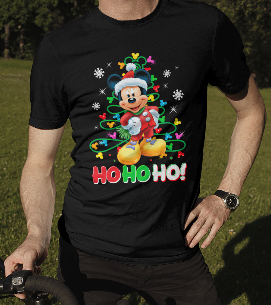 Mickey Mouse Christmas Ho Ho Ho Santa Outfit Snowflakes And Colorful Lights T-Shirt