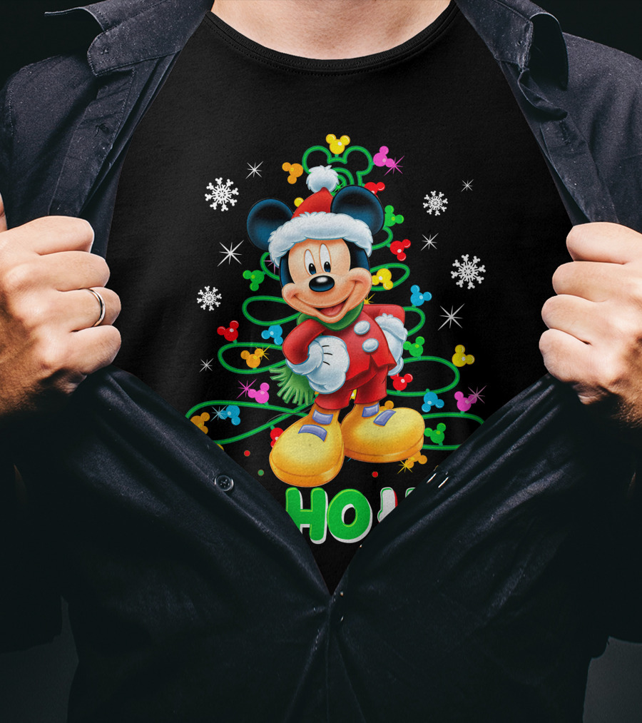 Mickey Mouse Christmas Ho Ho Ho Santa Outfit Snowflakes And Colorful Lights T-Shirt