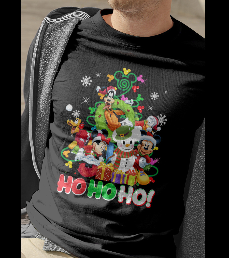 Mickey And Friends Holiday Cheer Ho Ho Ho Snowman And Gifts T-Shirt