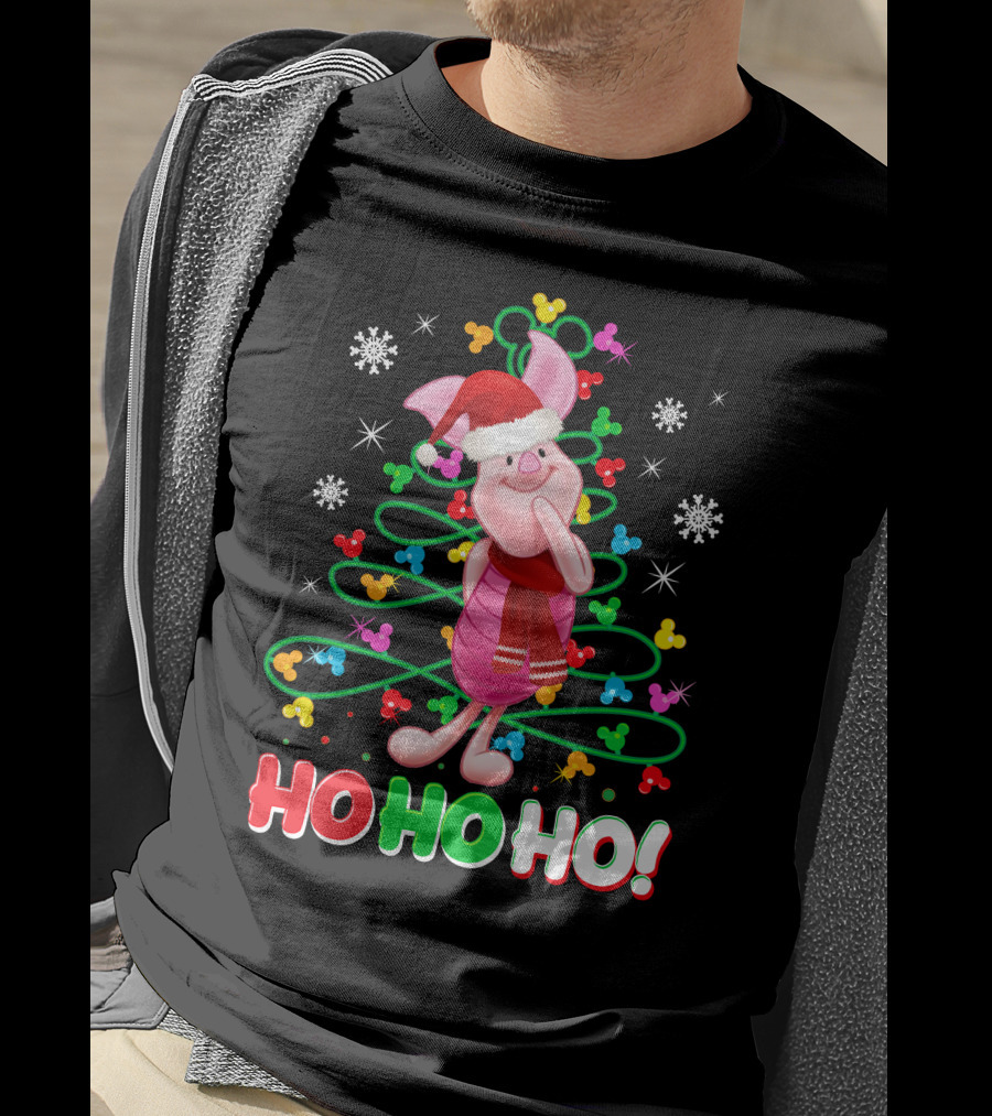 Piglet Christmas Ho Ho Ho Santa Hat Festive Holiday Snowflakes T-Shirt