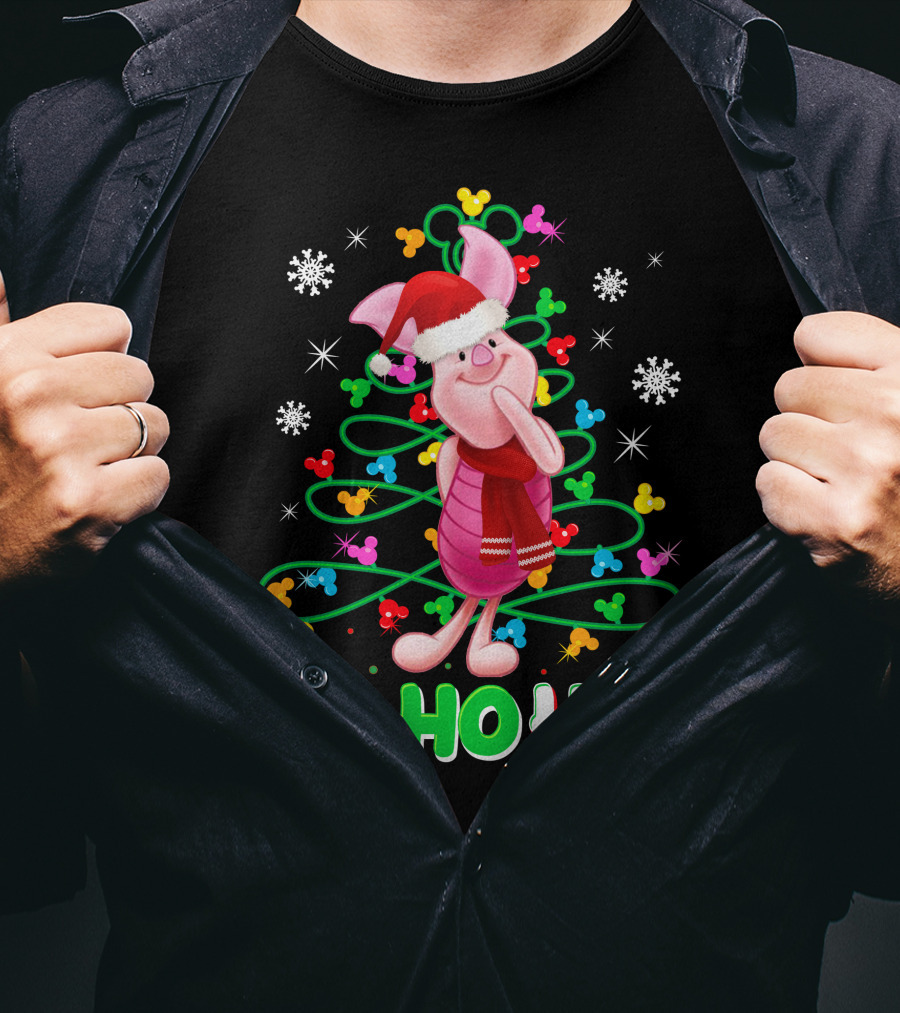 Piglet Christmas Ho Ho Ho Santa Hat Festive Holiday Snowflakes T-Shirt