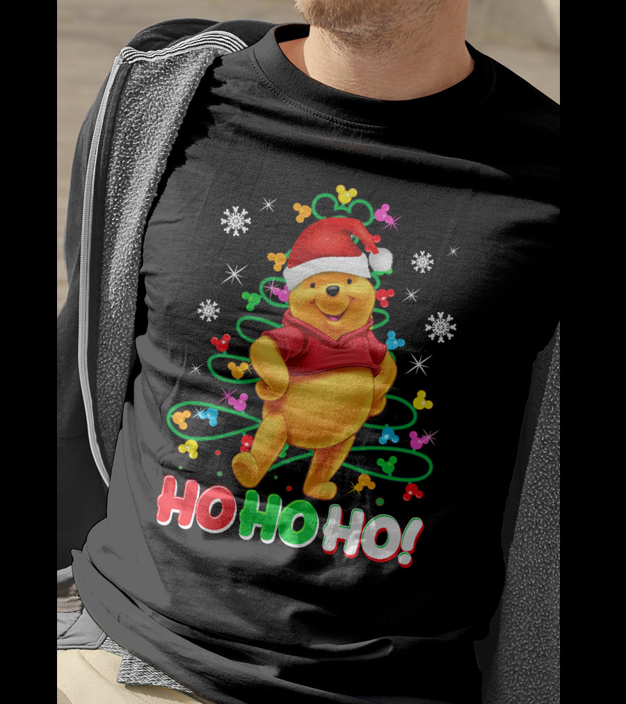 Winnie The Pooh Christmas Ho Ho Ho Santa Hat Snowflakes And Lights T-Shirt